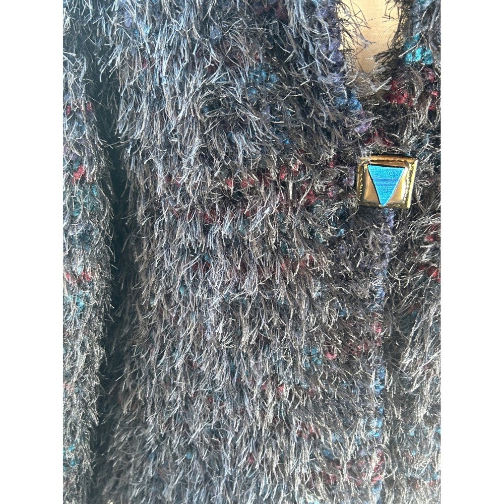Handmade Shag Eyelash Mixed Yarn Cardigan Women L Multi Shimmer Jewel Button - Picture 6 of 10
